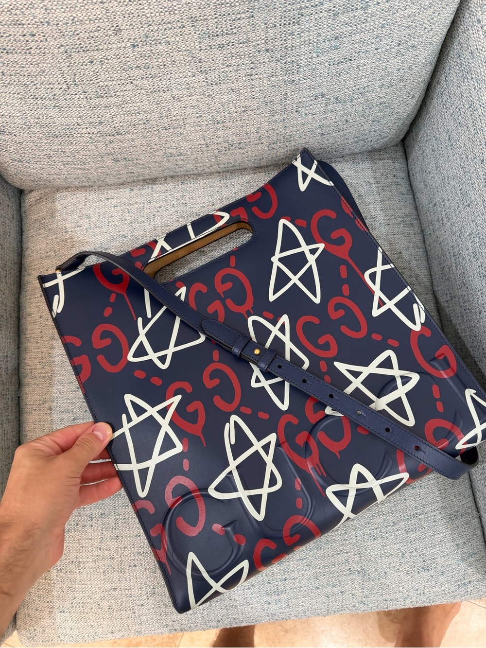 Gucci Navy Star & Script Pattern Crossbody Tote
